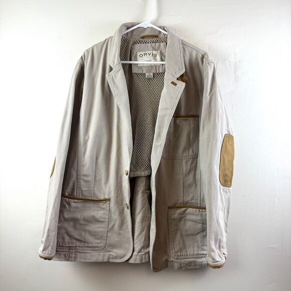 ORVIS Zambezi Leather Patch Hunting Outdoor Twill Safari Jacket Blazer Sz 42 - Picture 1 of 16